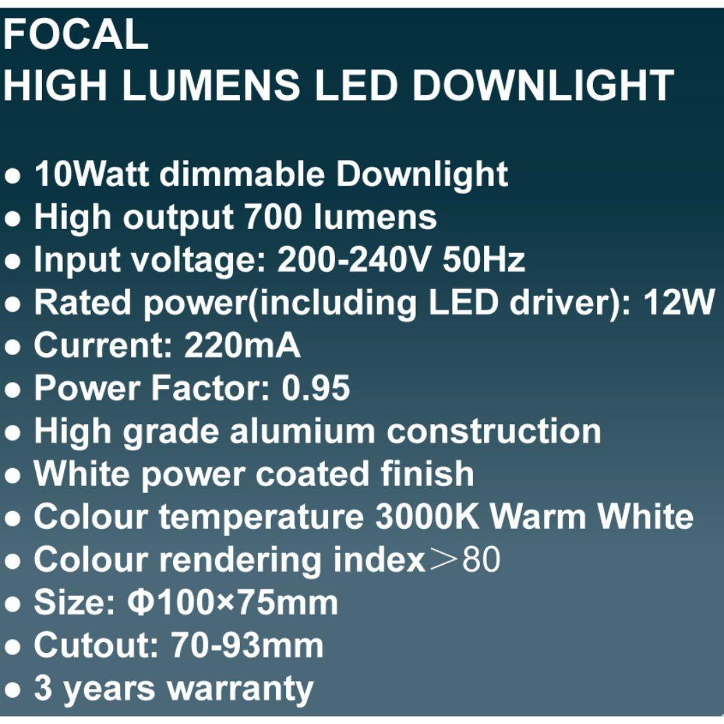 Focal LED Downlight 10 Watt Warm White 3000K Dimmable Spotlight - V&M IMPORTS Australia